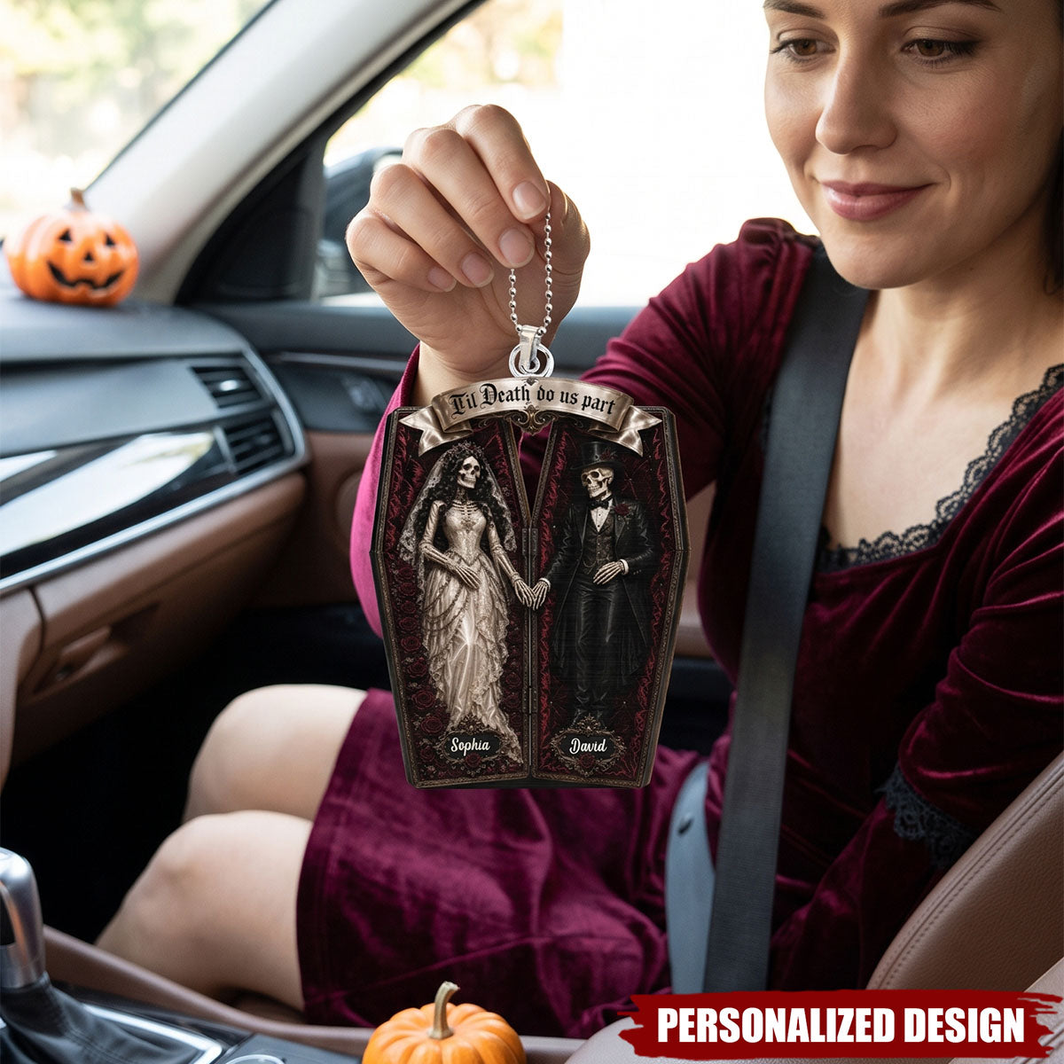 Skeleton Couple In Coffin - Personalized Ornament - Halloween Decoration