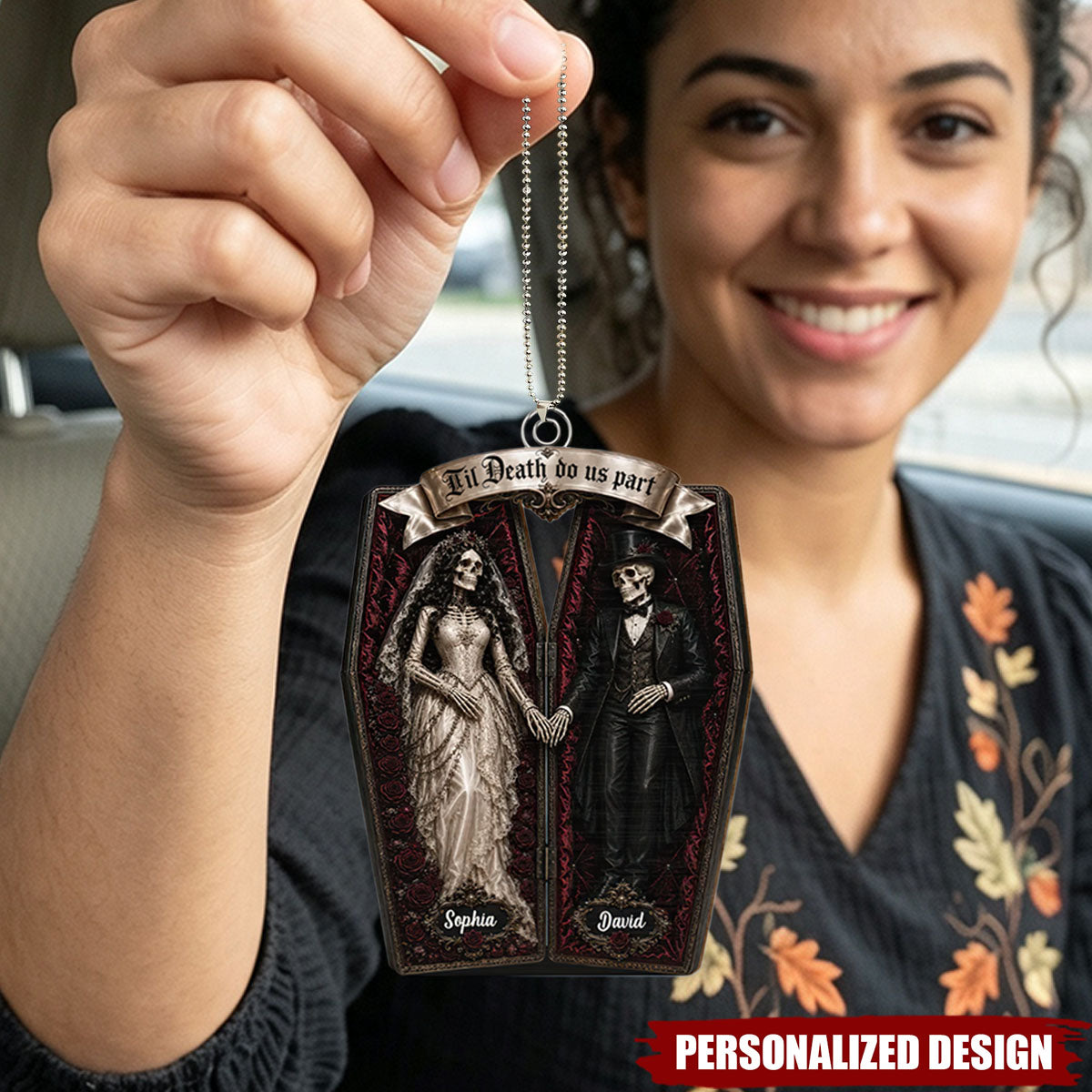 Skeleton Couple In Coffin - Personalized Ornament - Halloween Decoration