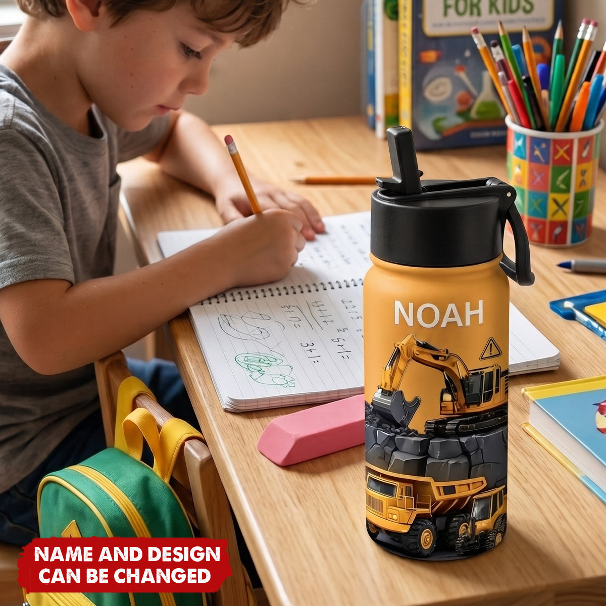 Personalized Kid Construction Vehicle Water Bottle