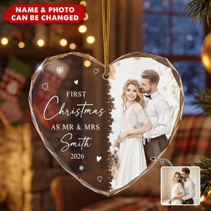 First Christmas As Mr & Mrs Custom Photo Watercolor Art Christmas 2026 - Personalized Ornament