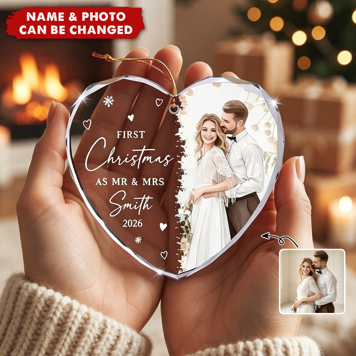 First Christmas As Mr & Mrs Custom Photo Watercolor Art Christmas 2026 - Personalized Ornament