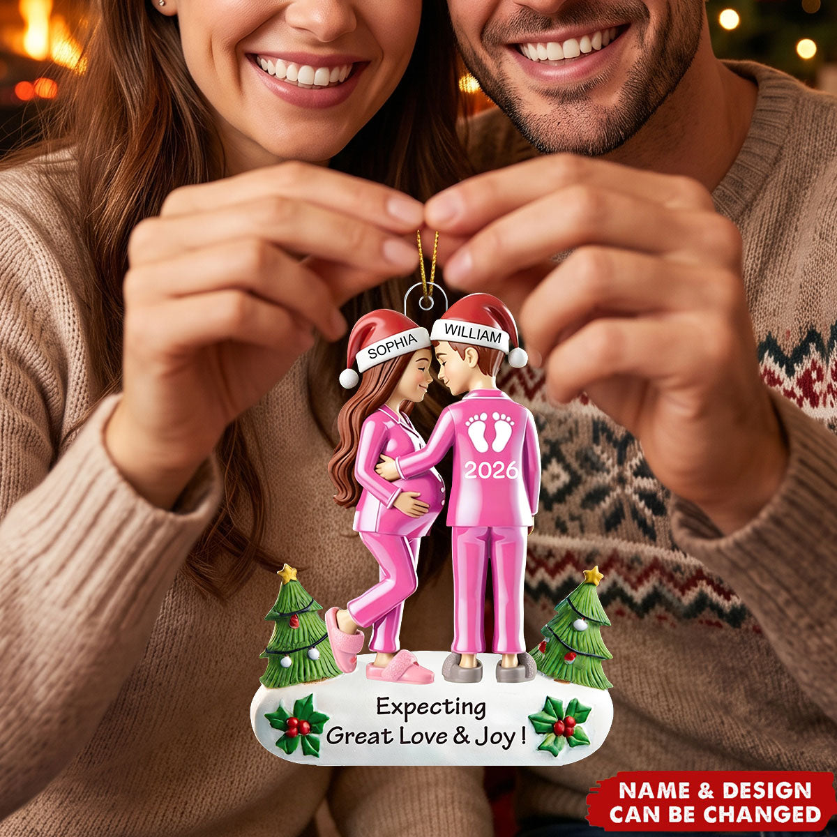 Expecting Great Love And Joy Personalized Baby on the Way Couple Christmas Ornament, Effect Christmas Ornament