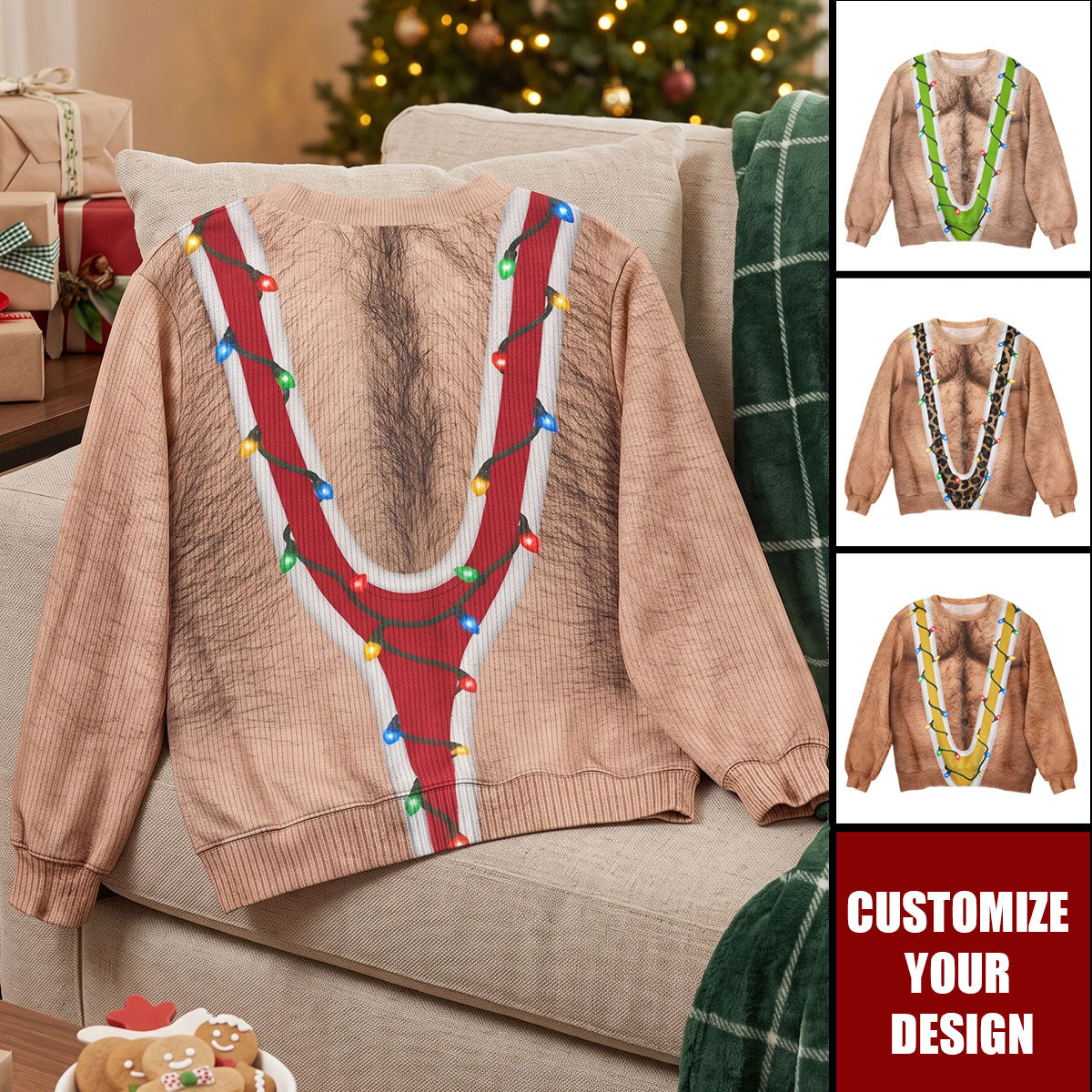 Hairy Chest Christmas For Men, Funny Suspenders Fake Gag Gift- Personalized Sweater