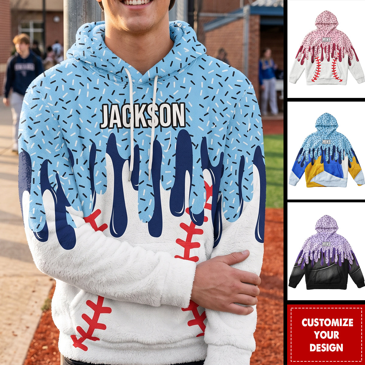 Icecream Drip Design For Baseball, Softball, Soccer, Football, Basketball, Hockey Lover - Personalized Hoodie