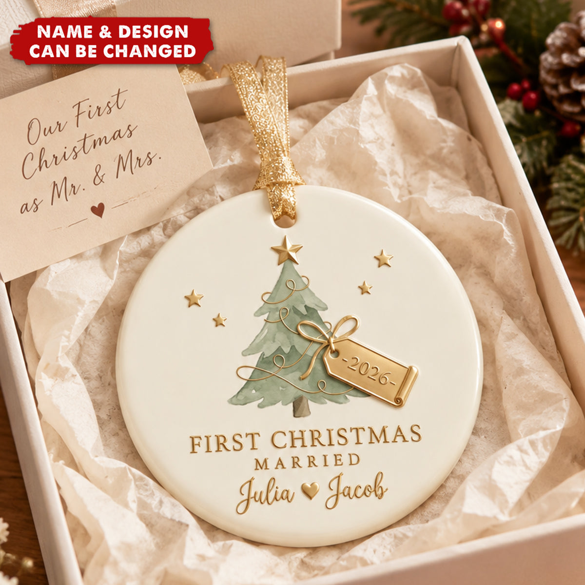 Personalized First Christmas Married Ceramic Ornament - Custom Couple Names & Year Christmas Tree Keepsake Gift