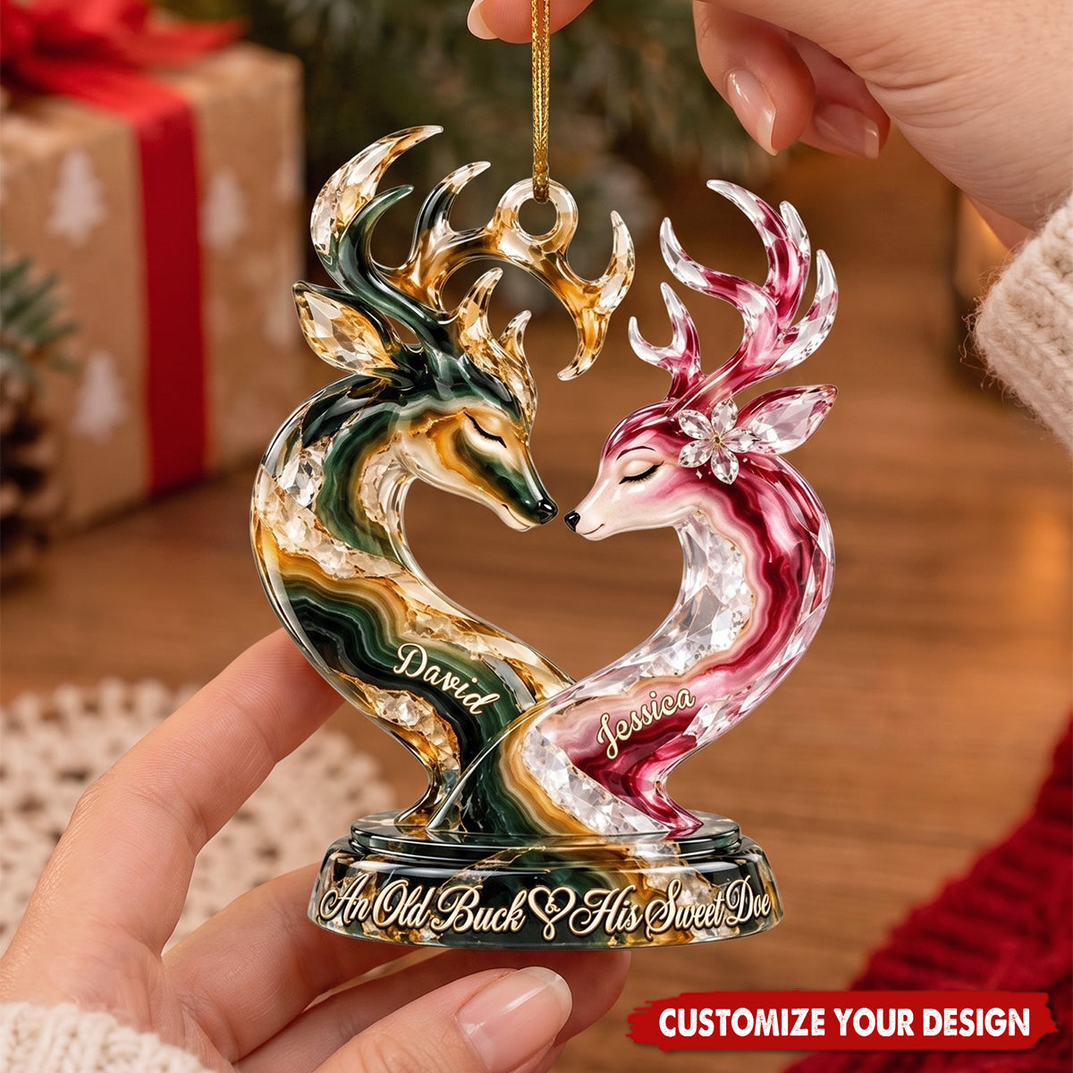Old Buck And his Sweet Doe Marble Effect Ornament, Personalized Gifts For Couple