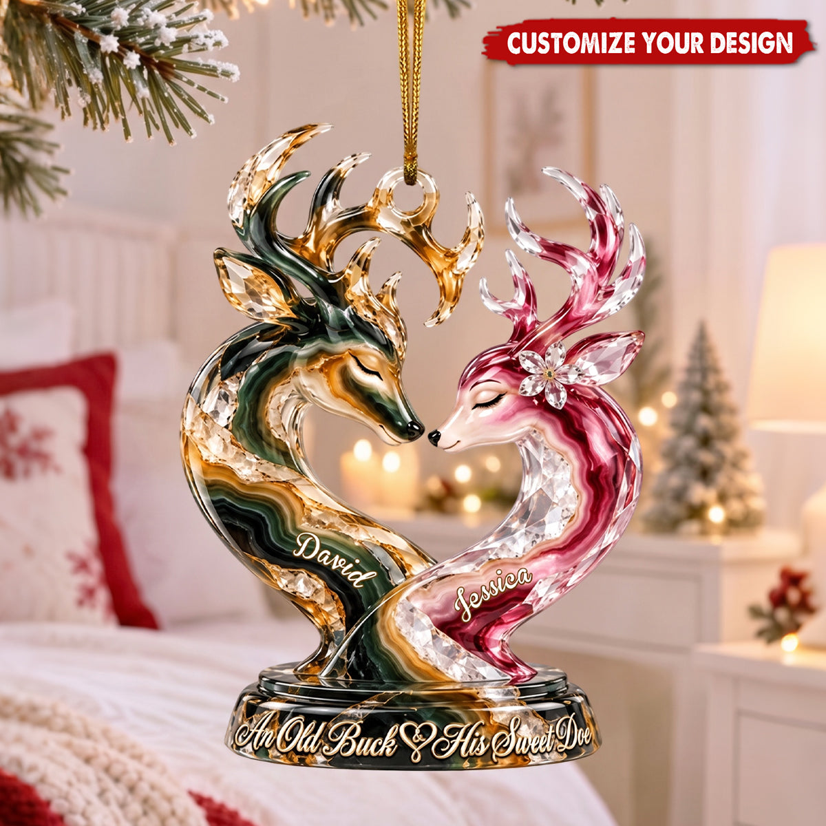 Old Buck And his Sweet Doe Marble Effect Ornament, Personalized Gifts For Couple