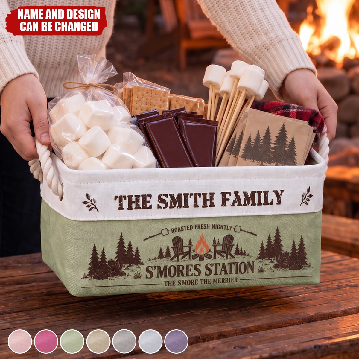 Family S’Mores Campfire Fire Pit Basket For Camping - Personalized Storage Basket