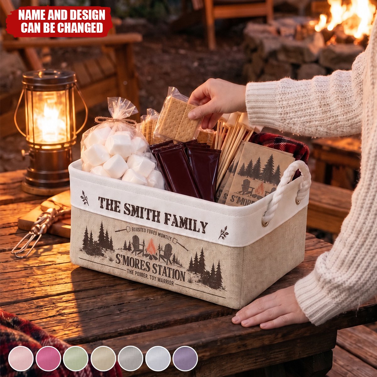 Family S’Mores Campfire Fire Pit Basket For Camping - Personalized Storage Basket
