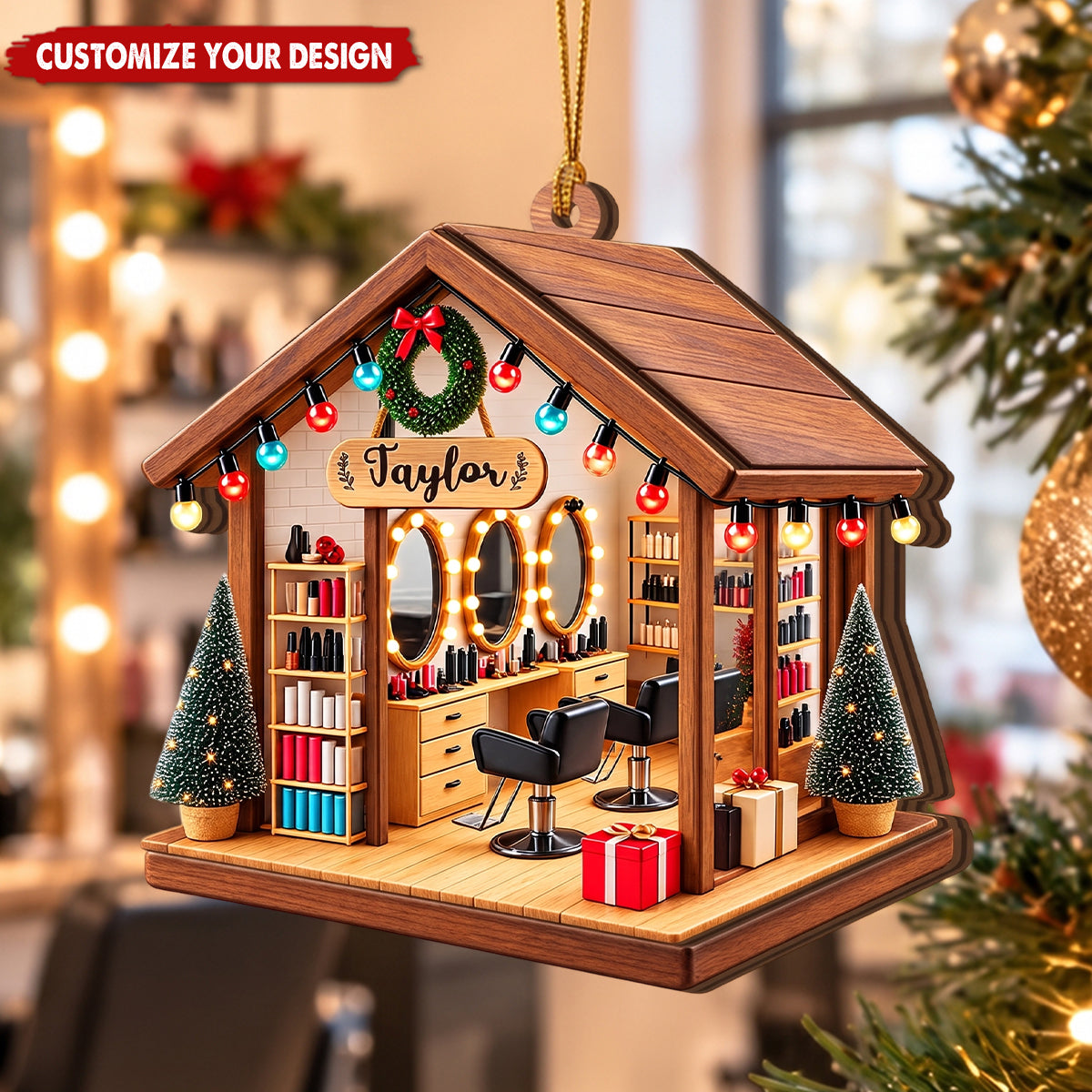 Personalized Hair Salon Wooden Ornament, Gift For Hairdresser