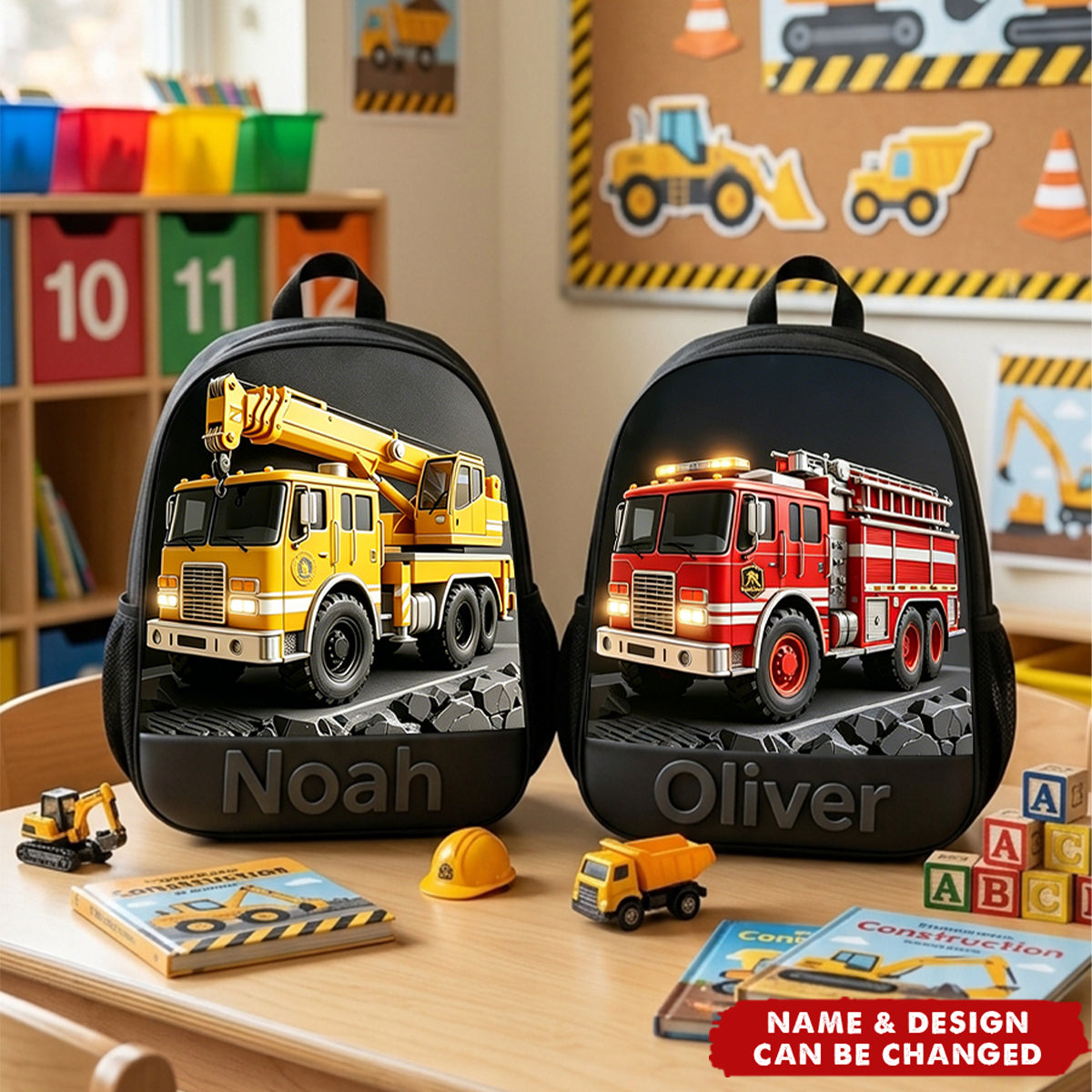 Personalized Kid Construction Vehicle Backpack Set