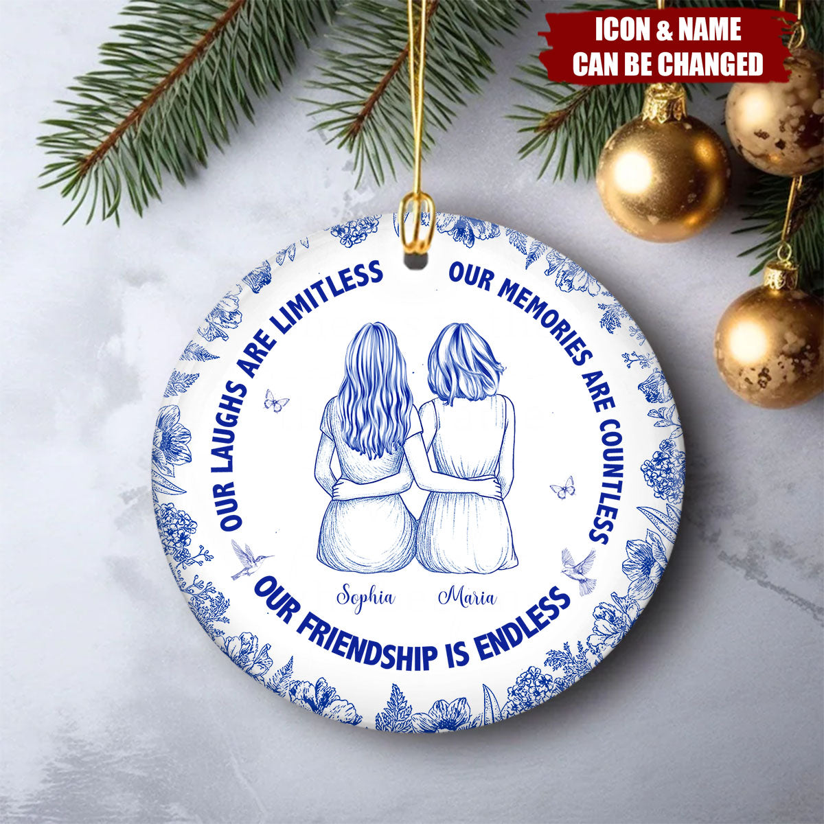 Our Laughs Are Limitless Our Friendship Is Endless Toile De Jouy - Personalized Ceramic Ornament