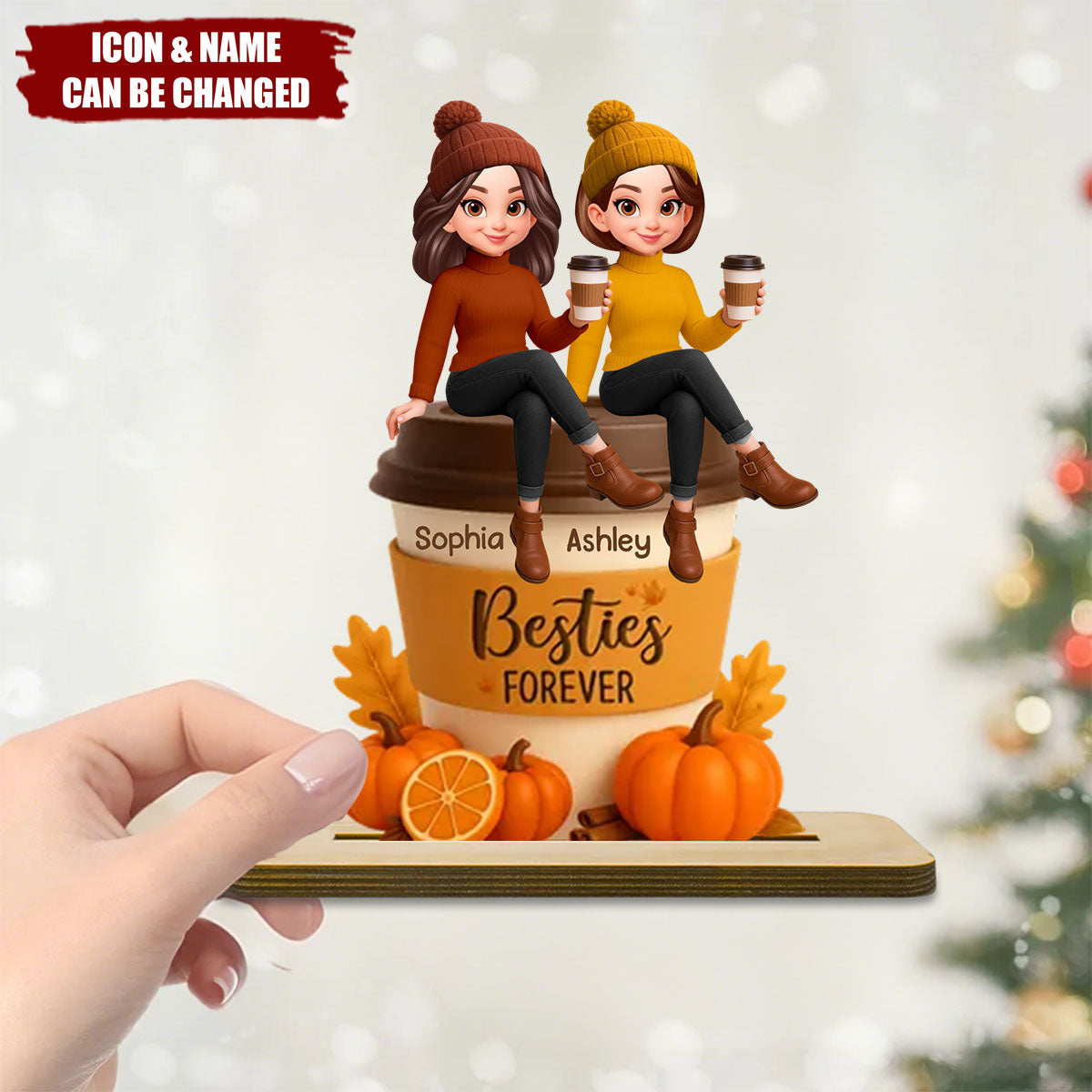 Fall Season Besties Sitting On Pumpkin Spice Latte Personalized Standing Wooden Plaque