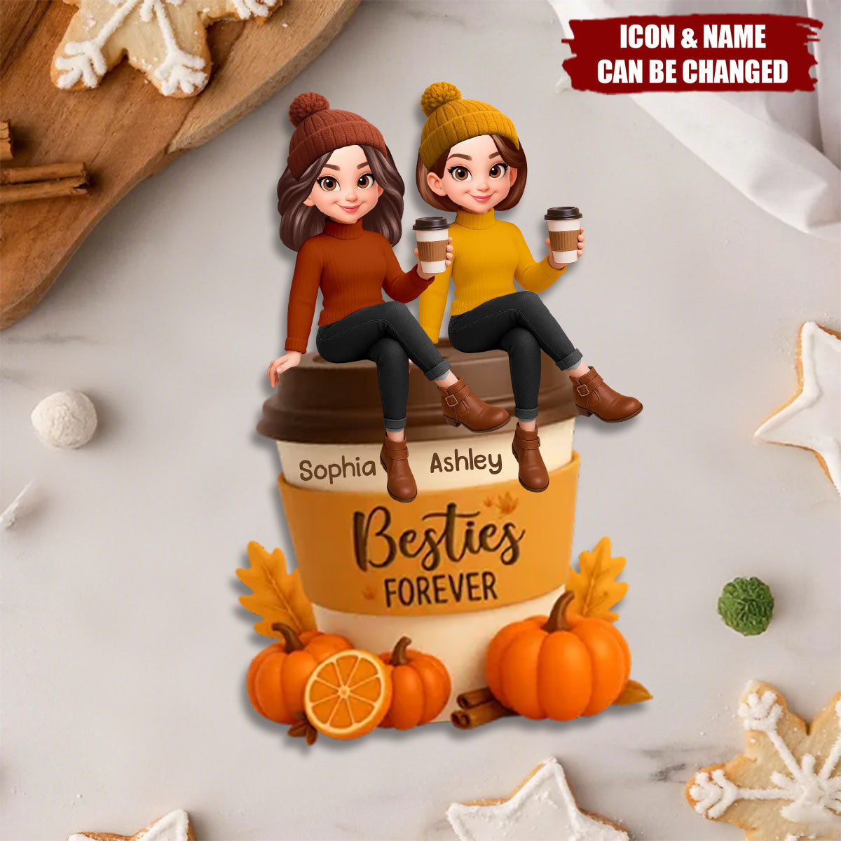 Fall Season Besties Sitting On Pumpkin Spice Latte Personalized Standing Wooden Plaque