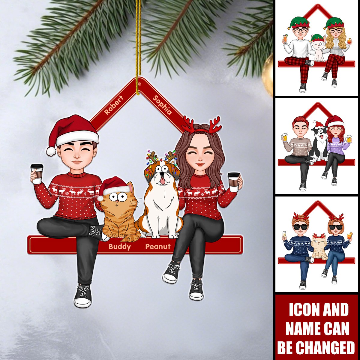 Cute Couple Sitting With Dogs Cats Personalized Acrylic Ornament