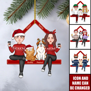 Cute Couple Sitting With Dogs Cats Personalized Acrylic Ornament