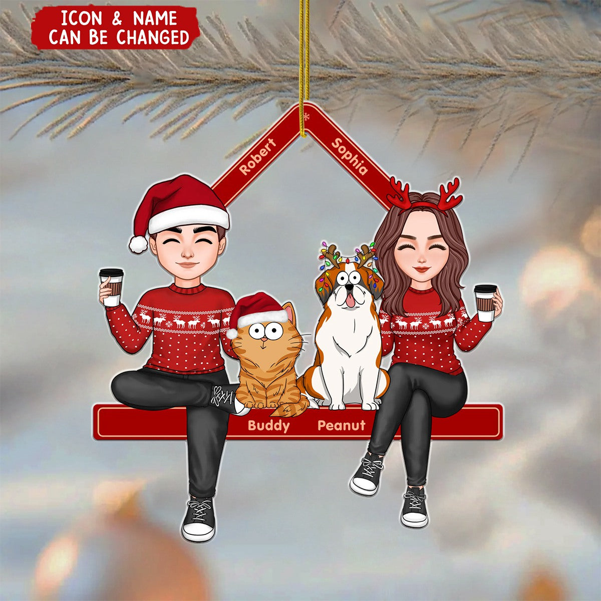 Cute Couple Sitting With Dogs Cats Personalized Acrylic Ornament