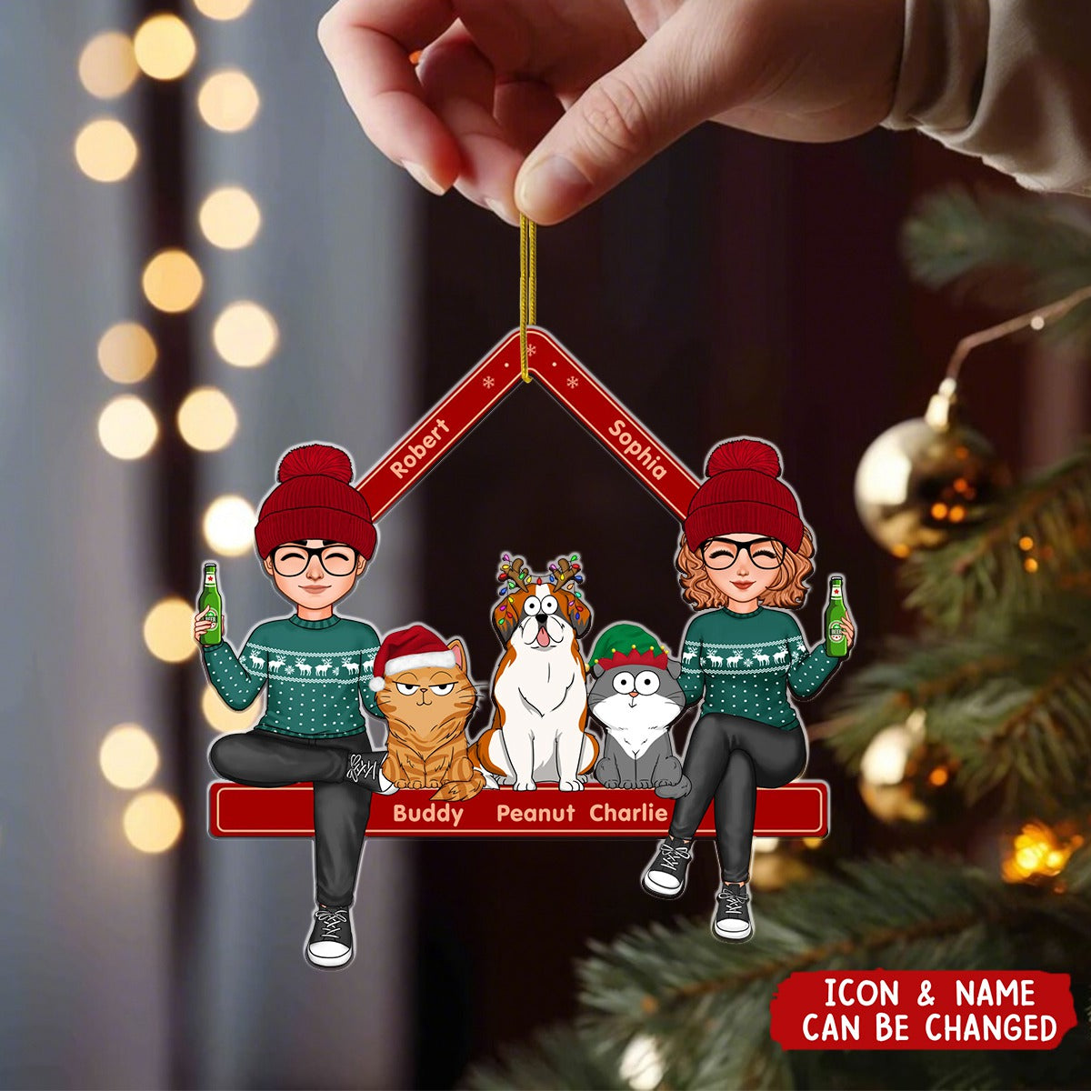 Cute Couple Sitting With Dogs Cats Personalized Acrylic Ornament