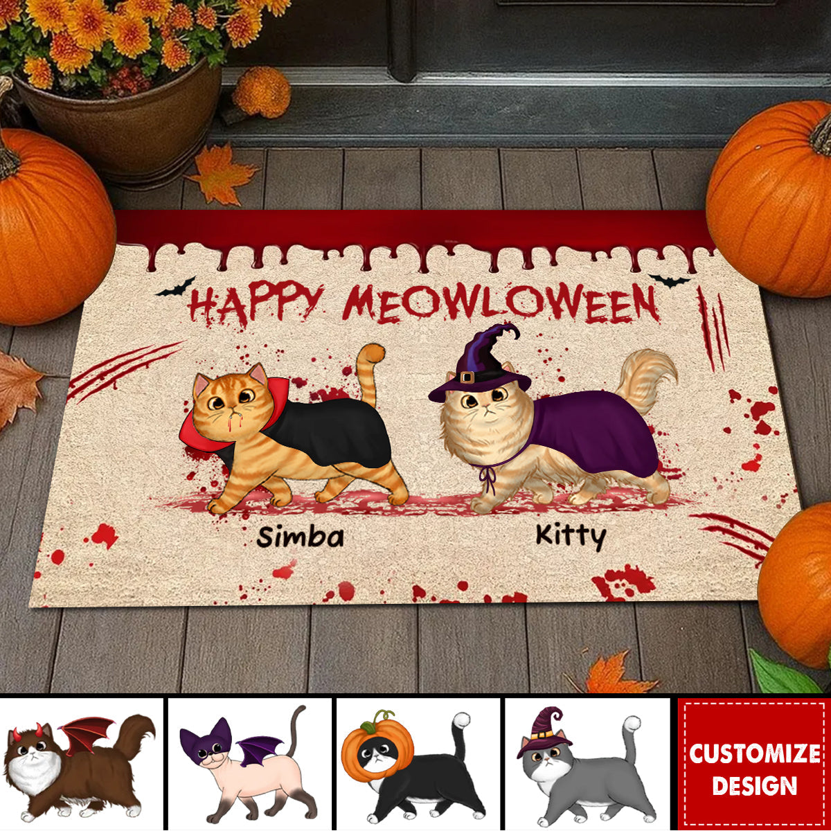Happy Meowloween Spooky Walking Cat Personalized Doormat, Halloween Decor