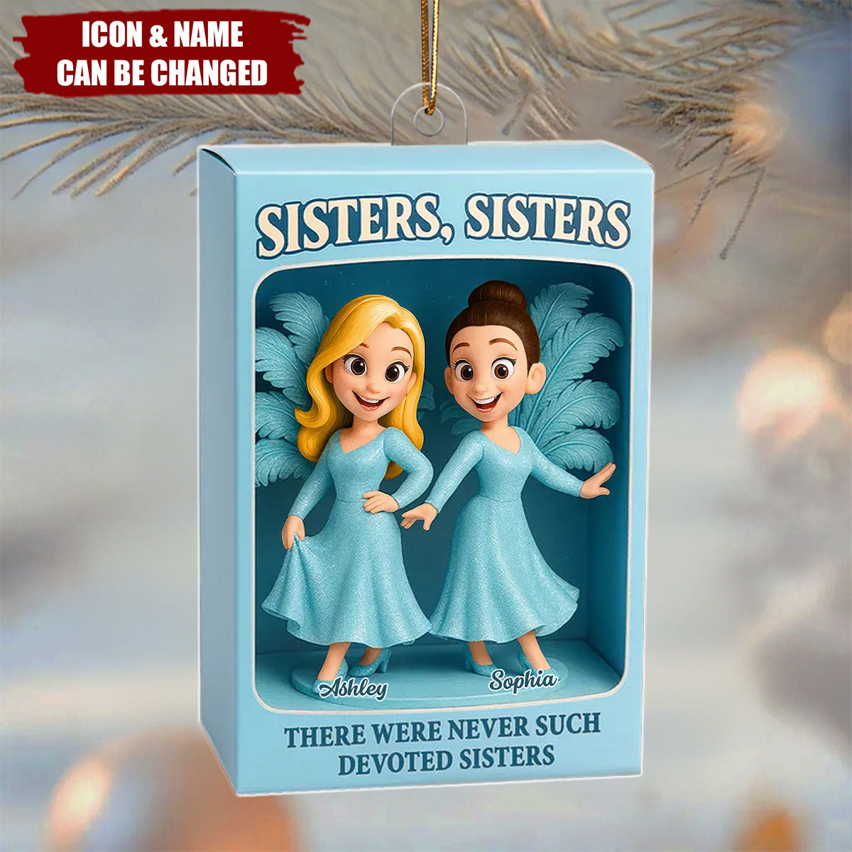 Sisters Besties in Blue Dress Custom Name Toy Box Figure Style Acrylic Ornament