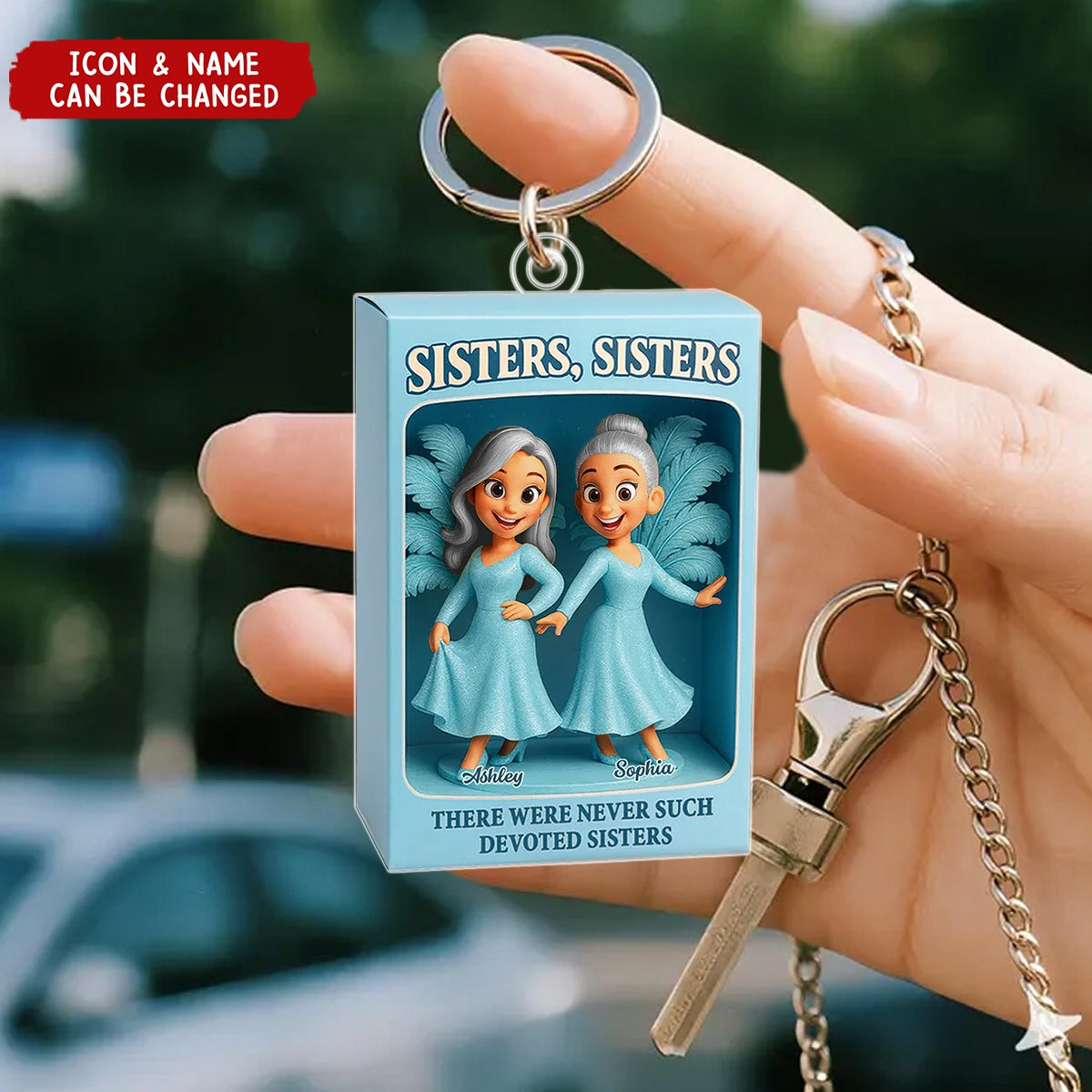 Sisters Besties in Blue Dress Custom Name Toy Box Figure Style Personalized Acrylic Keychain