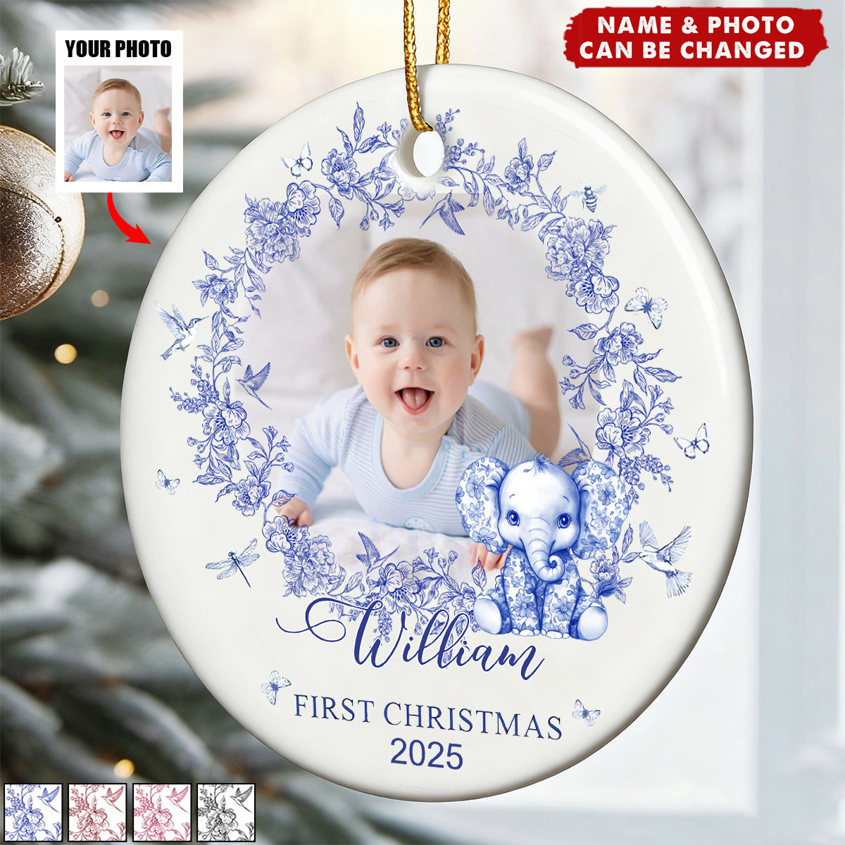 Baby's First Christmas For Baby Girl, Baby Boy Toile De Jouy - Personalized Ceramic Photo Ornament