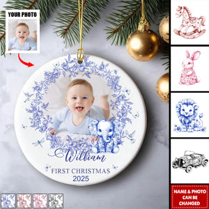 Baby's First Christmas For Baby Girl, Baby Boy Toile De Jouy - Personalized Ceramic Photo Ornament