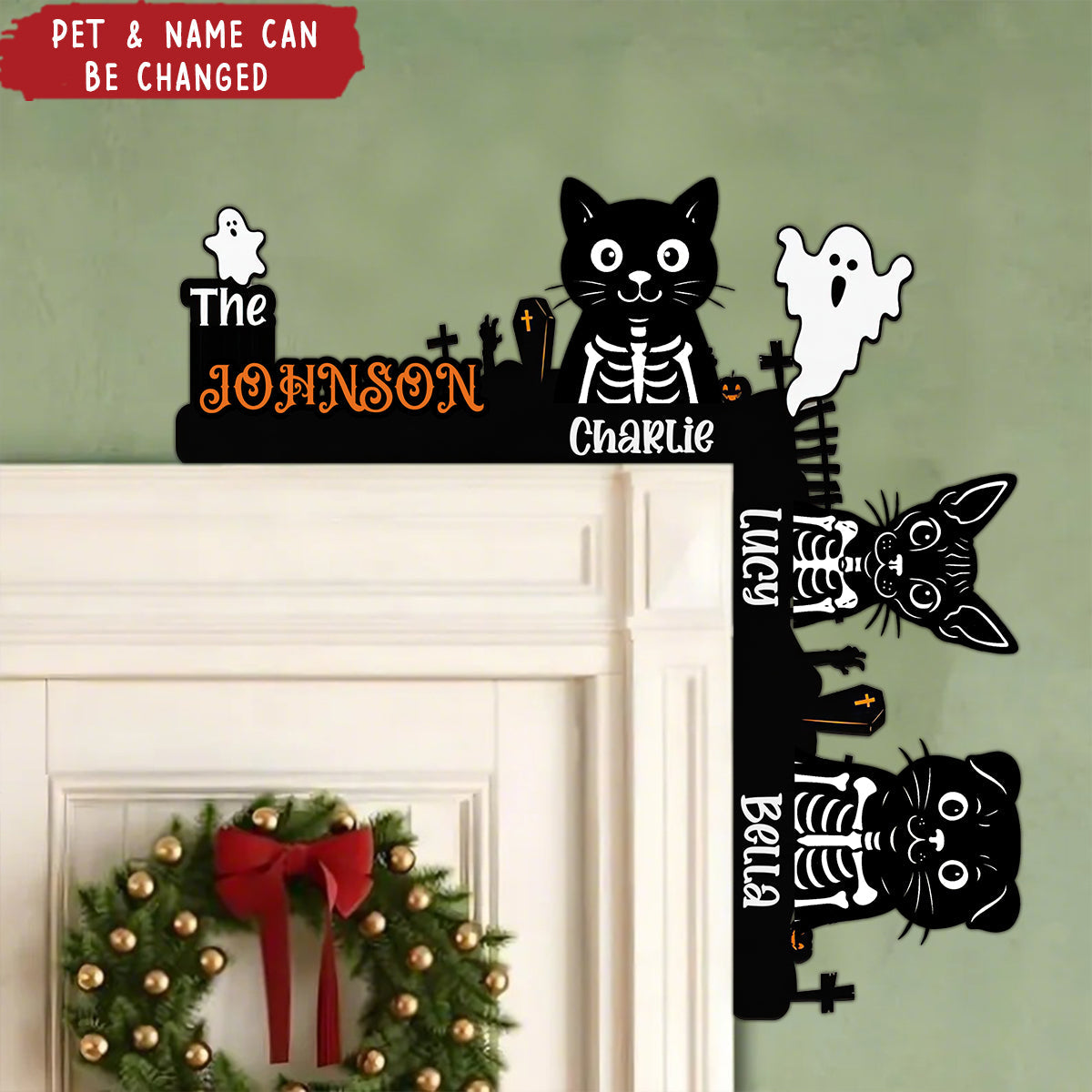 Halloween Skeleton Pet With Custom Family Name - Personalized Door Corner Wood Sign