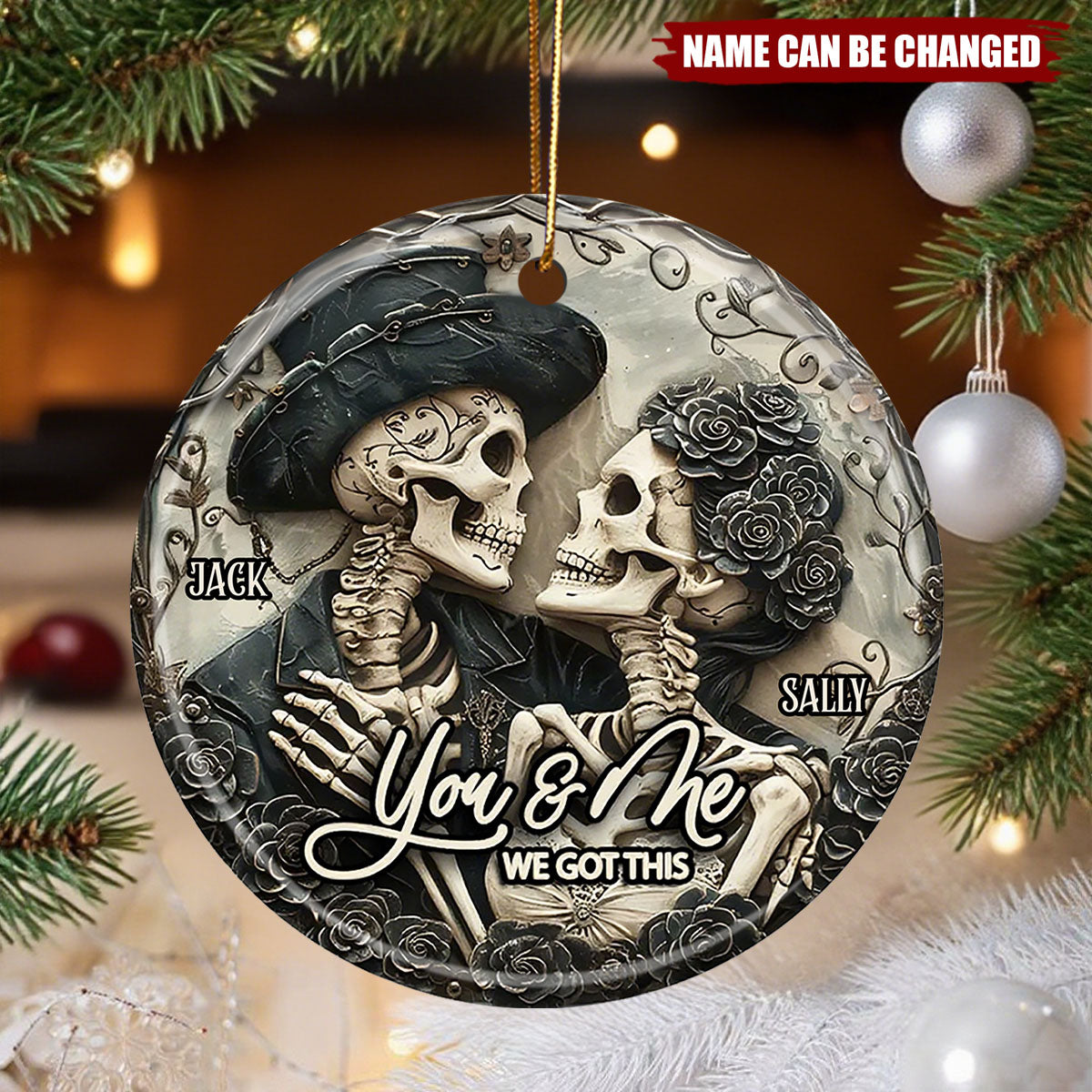 You & Me - Personalized Skull Ceramic Circle Ornament