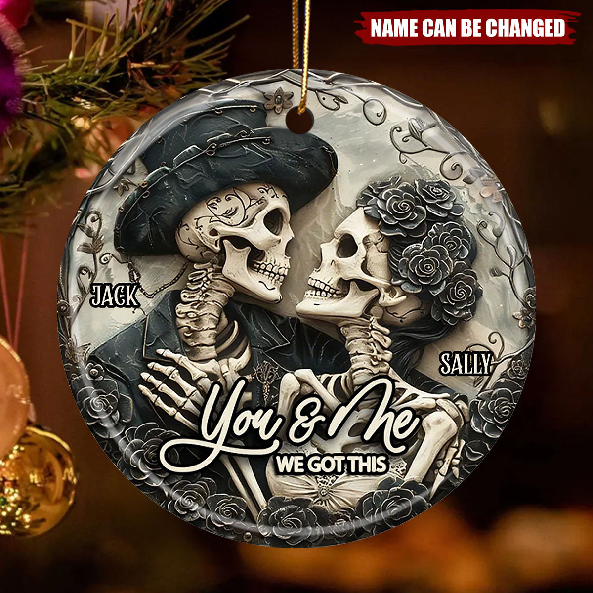 You & Me - Personalized Skull Ceramic Circle Ornament