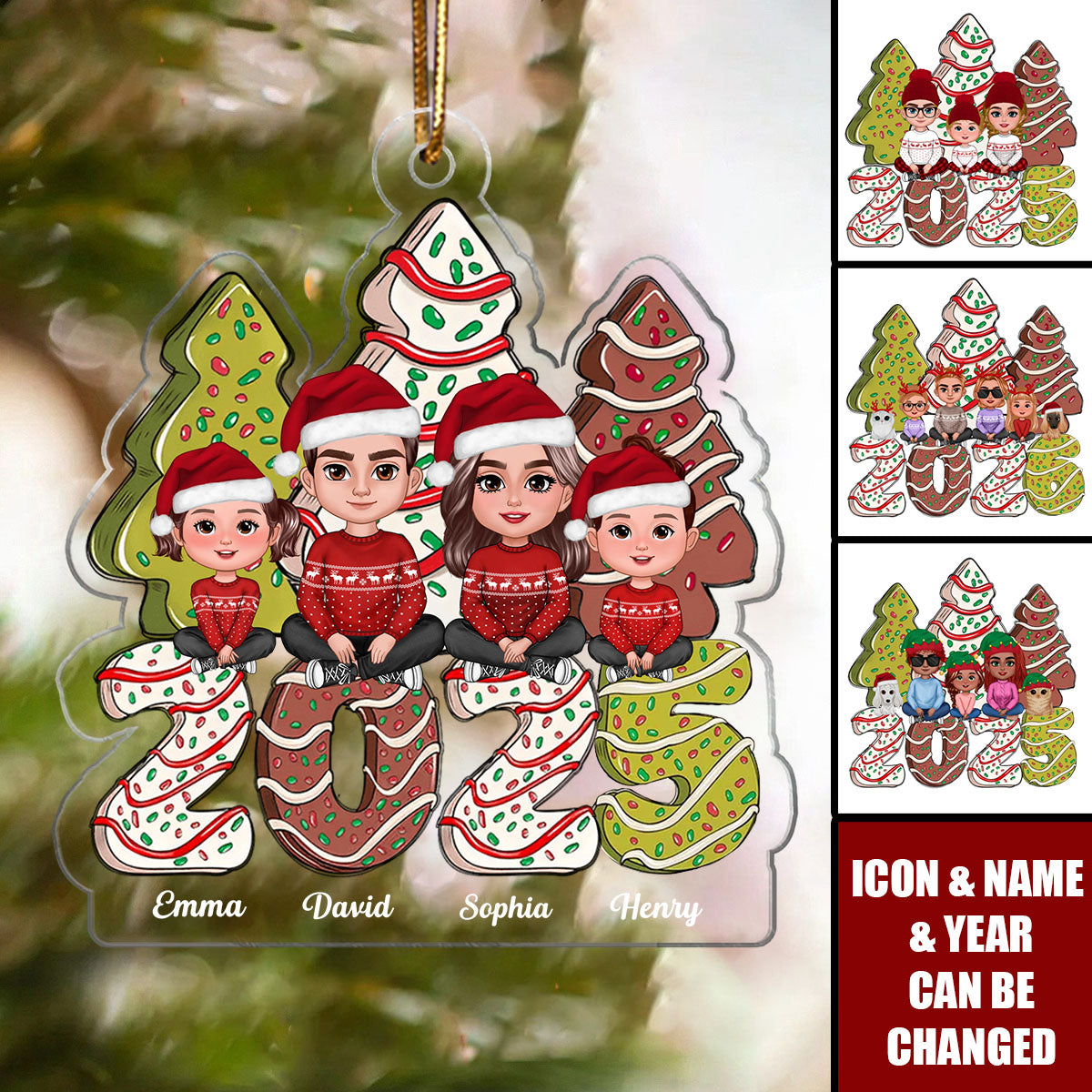 Family Crossed Legs Sitting Christmas Tree Cake Patterned Personalized Acrylic Ornament