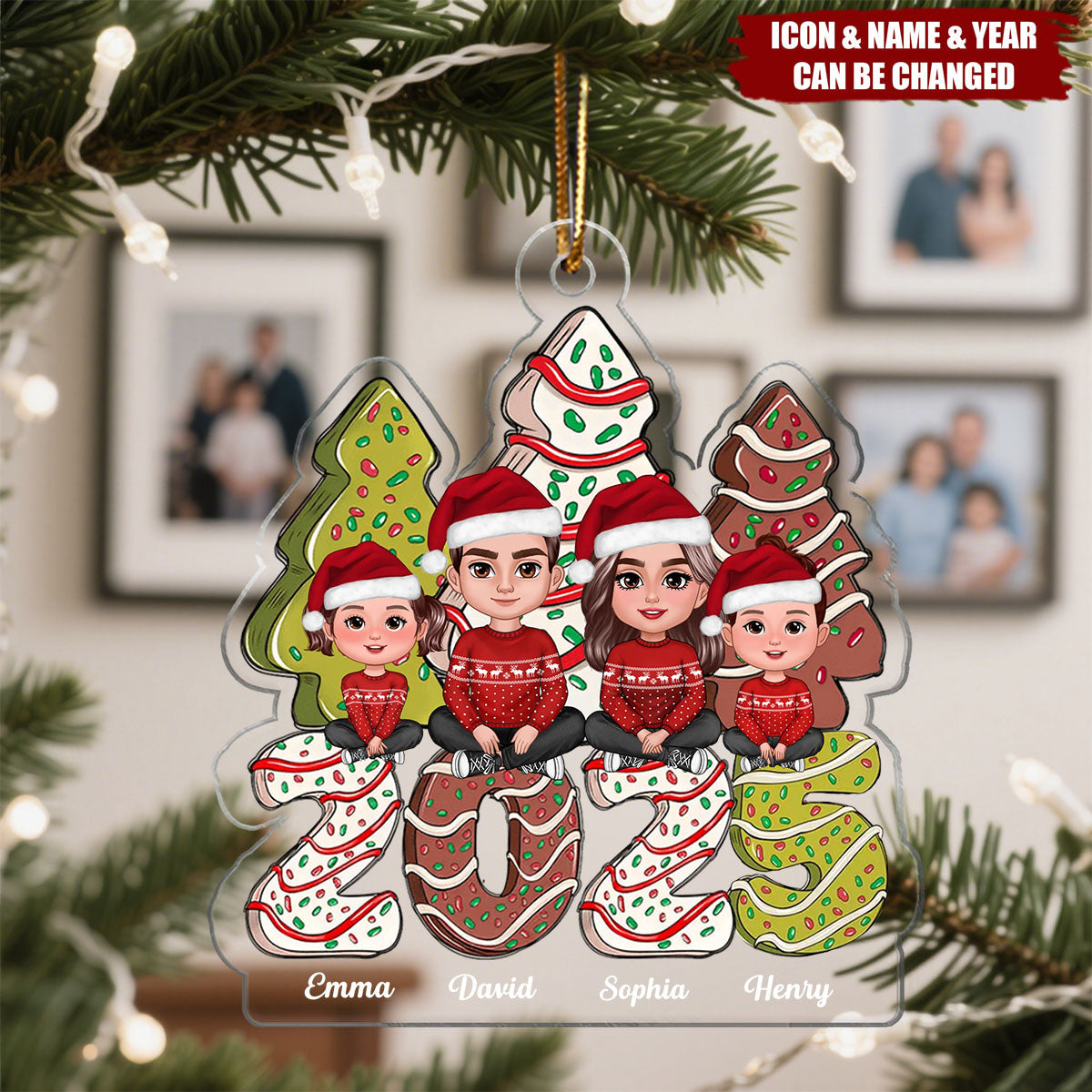 Family Crossed Legs Sitting Christmas Tree Cake Patterned Personalized Acrylic Ornament