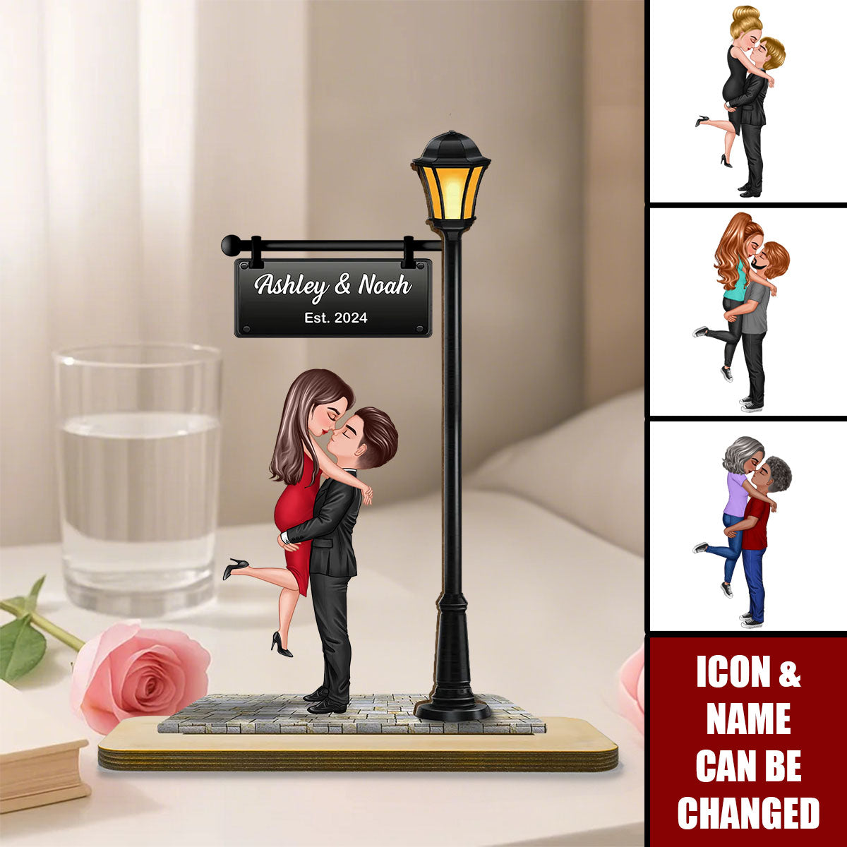 Couple Kissing Under Lamp Post Personalized 2-Layer Standing Wooden Plaque, Heartfelt Gift For Her, For Wife