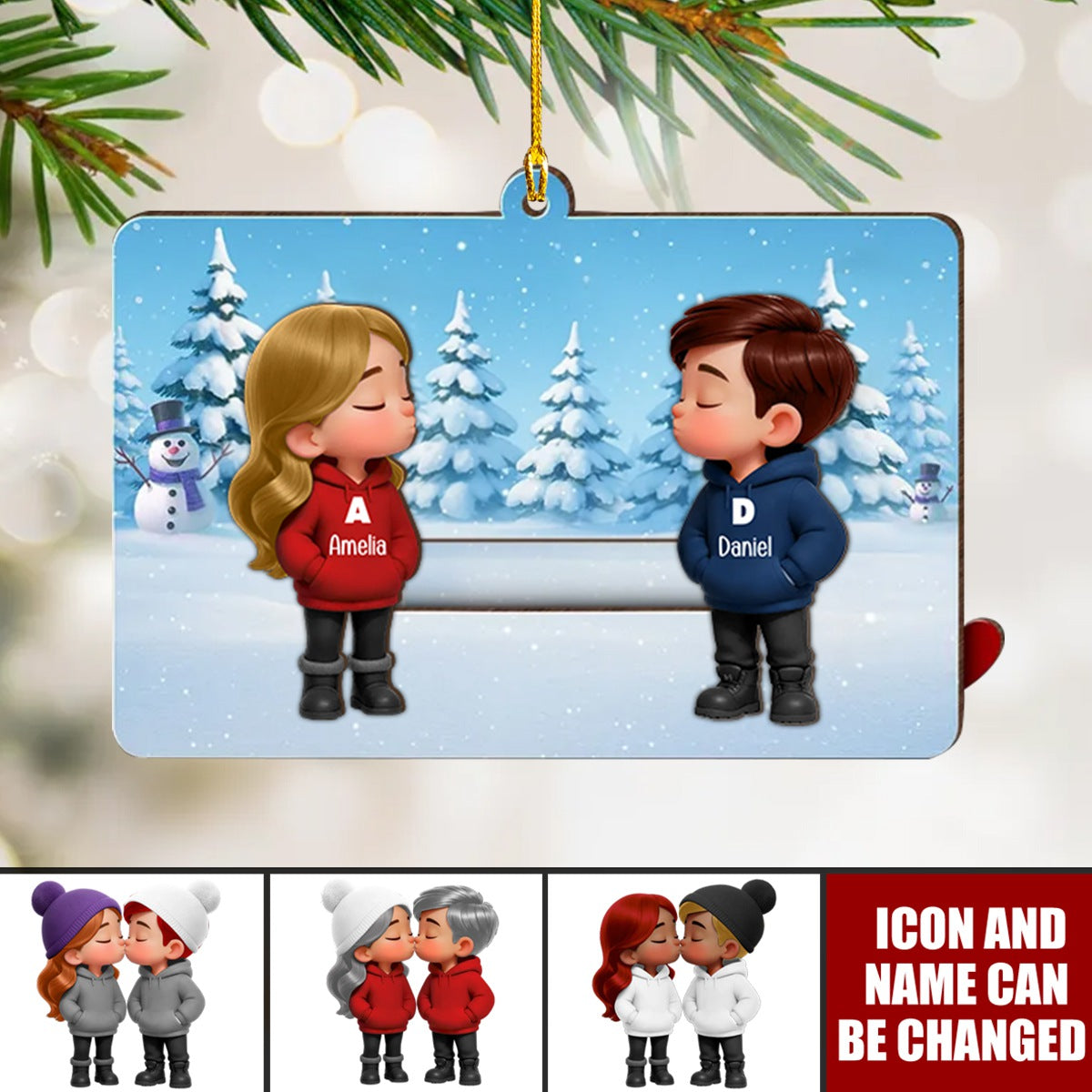 Cartoon Couple Kissing - Personalized Slider Ornament - Christmas Gift For Him For Her