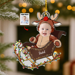 Custom Face Adorable Baby With Santa Sleigh - Acrylic Photo Ornament