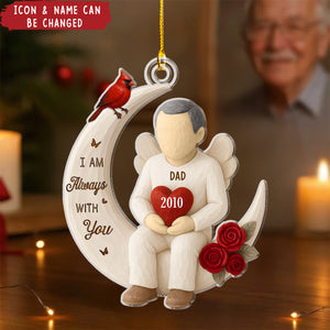 Roses Wooden Texture Memorial On Moon - Personalized Acrylic Ornament - Christmas Remembrance Gift, Sympathy Gift