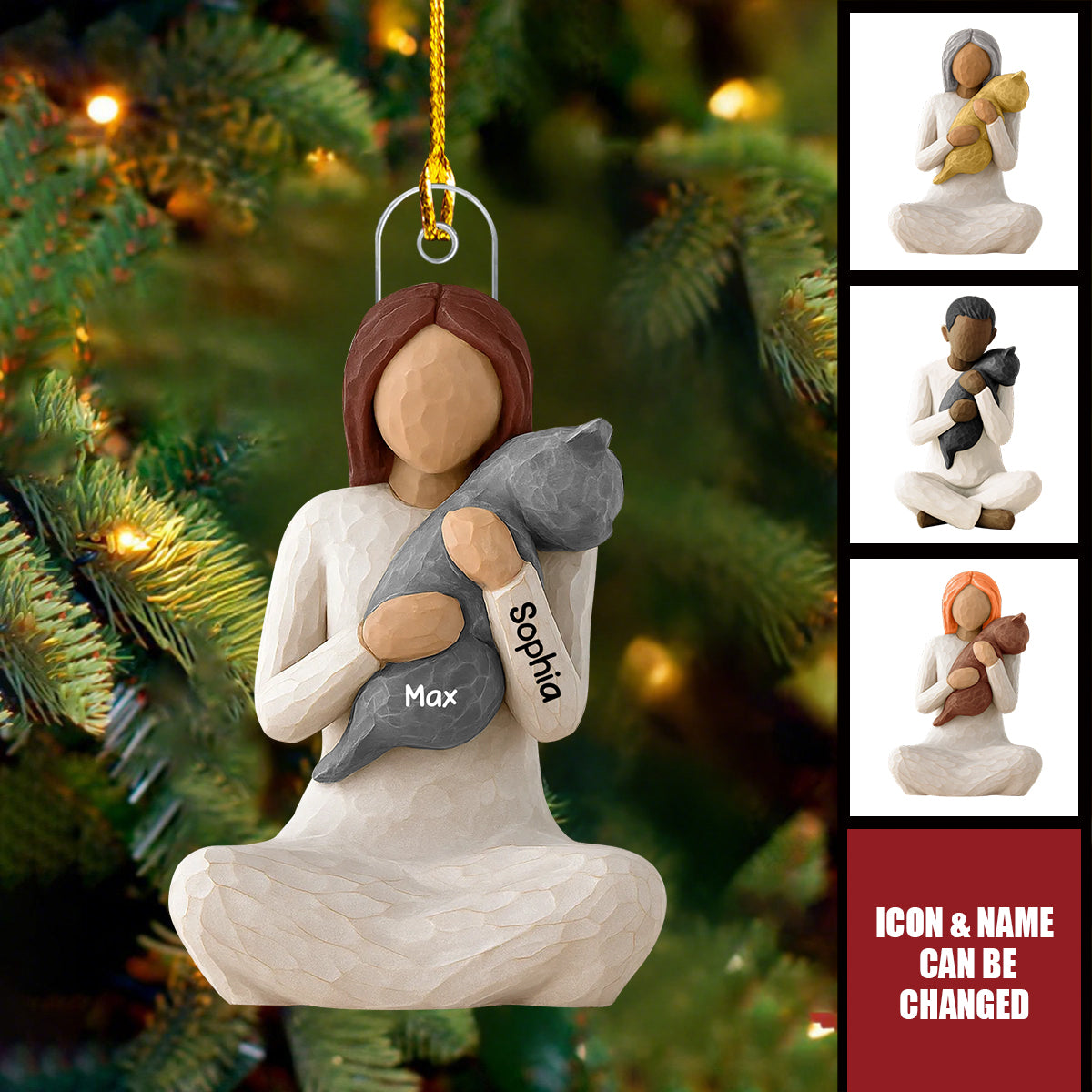 Woman Hugging Cat - Personalized Wooden Ornament - Christmas Gift For Cat Lovers