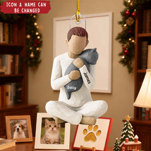 Woman Hugging Cat - Personalized Wooden Ornament - Christmas Gift For Cat Lovers