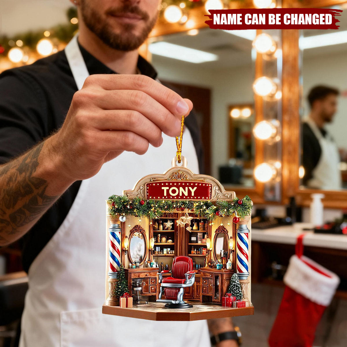 Personalized Barber Shop Acrylic Ornament, Barber Salon Christmas Decor Gift Barber Lovers