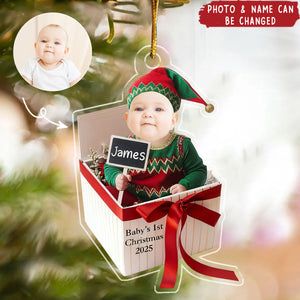 Personalized Baby Photo Acrylic Ornament, 1st Christmas Gift Box Ornament, Newborn Keepsake