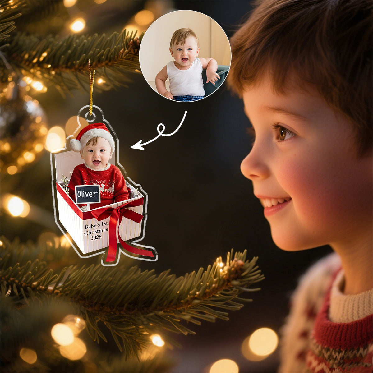 Personalized Baby Photo Acrylic Ornament, 1st Christmas Gift Box Ornament, Newborn Keepsake