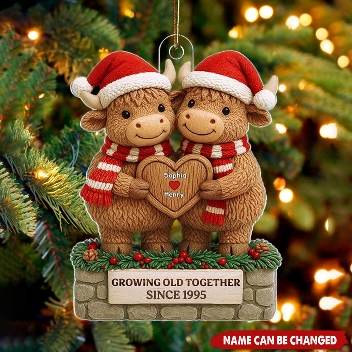 Christmas Highland Cows Couple Growing Old Together - Personalized Acrylic Ornament - Gift For Couple