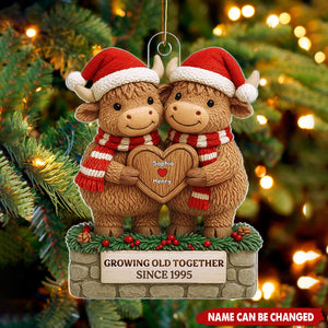 Christmas Highland Cows Couple Growing Old Together - Personalized Acrylic Ornament - Gift For Couple