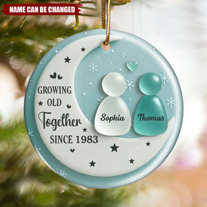 Sea Glass Couple On Moon - Personalized Ceramic Ornament With Acrylic Pieces