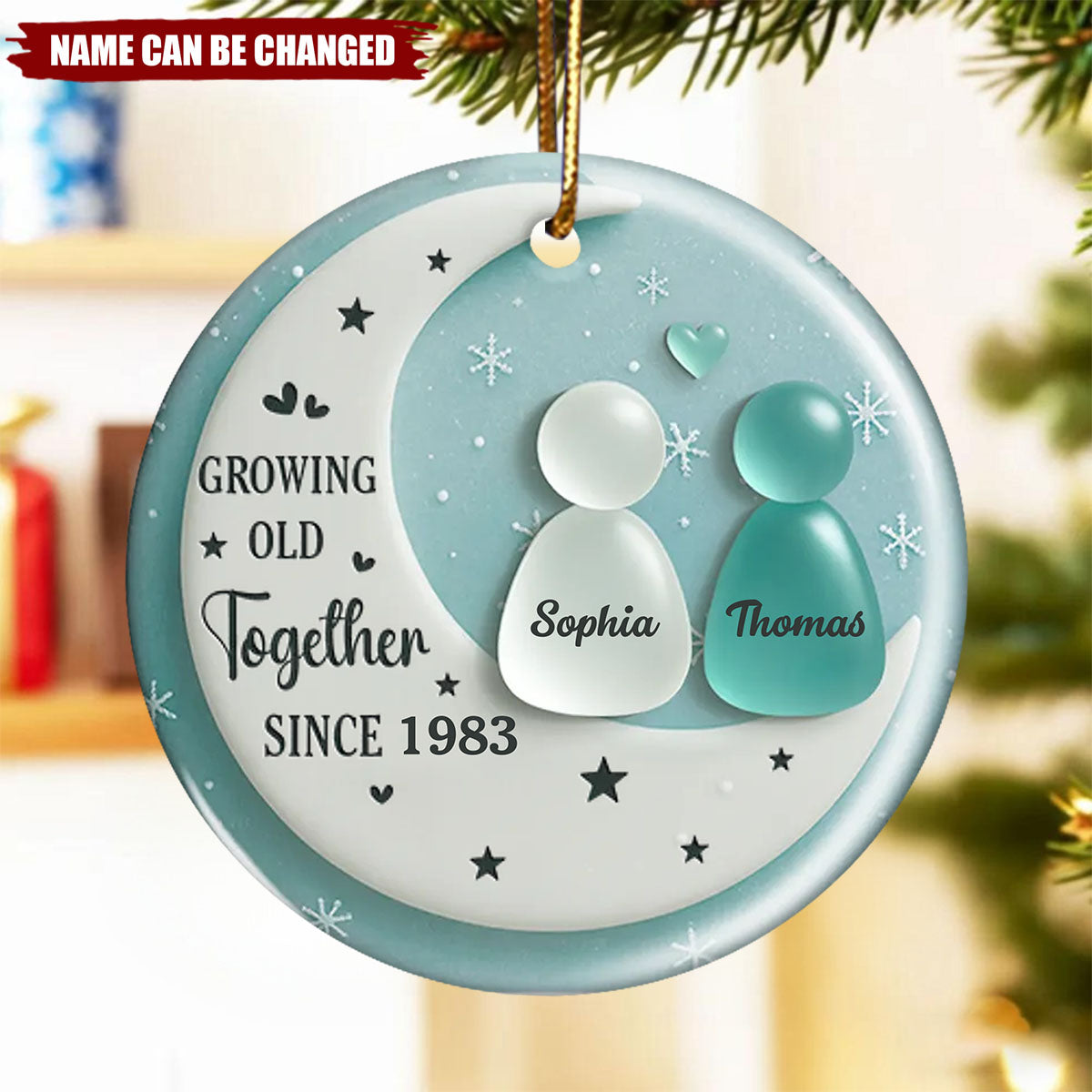 Sea Glass Couple On Moon - Personalized Ceramic Ornament With Acrylic Pieces