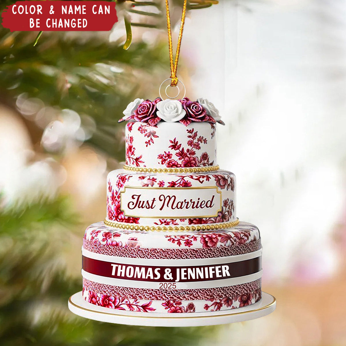 Personalized Wedding Cake Toile de Jouy Ornament, First Christmas Married Ornament, Newlywed Wedding Gift