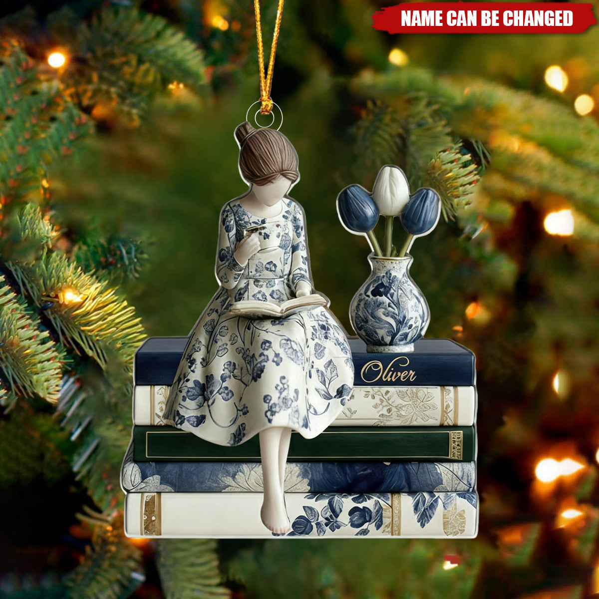 Personalized Toile De Jouy Book Lover Christmas Acrylic Ornament, Bookshelf Decor, Bookworm Xmas for Her