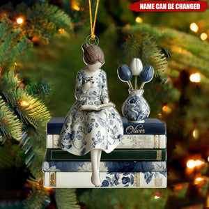 Personalized Toile De Jouy Book Lover Christmas Acrylic Ornament, Bookshelf Decor, Bookworm Xmas for Her