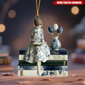 Personalized Toile De Jouy Book Lover Christmas Acrylic Ornament, Bookshelf Decor, Bookworm Xmas for Her