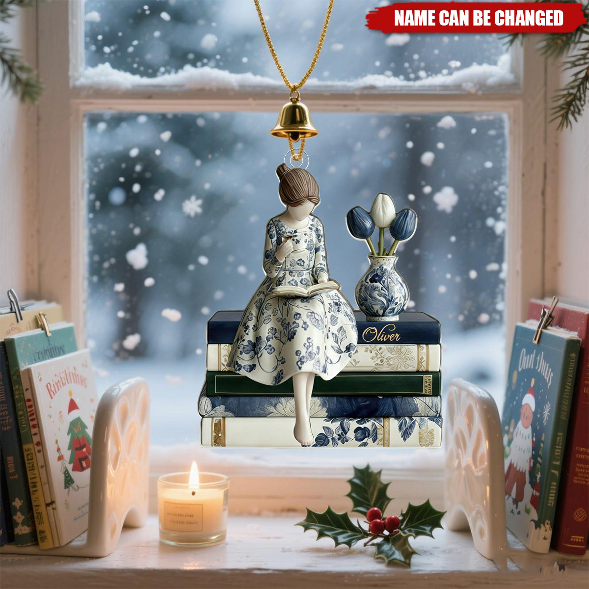 Personalized Toile De Jouy Book Lover Christmas Acrylic Ornament, Bookshelf Decor, Bookworm Xmas for Her